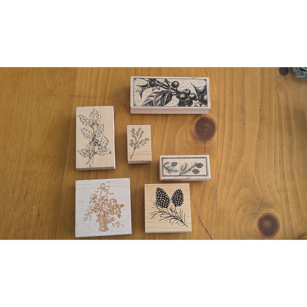 Great Impressions All Night Media Botanical Wood Rubber Stamp Lot Pinecone Acorn